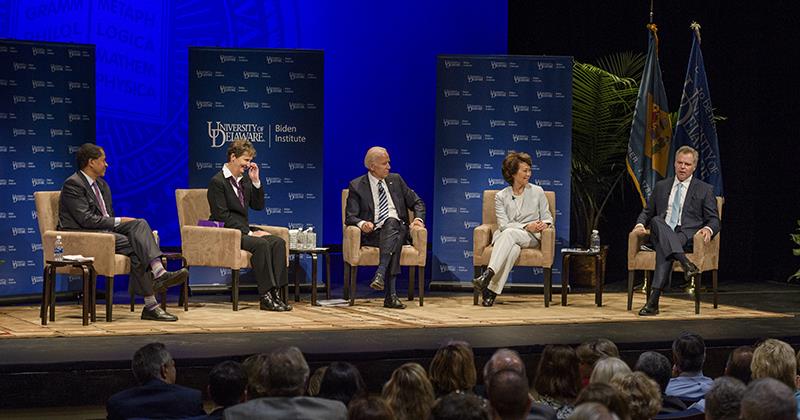 Joe Biden and panelists at a Biden Institute discussion