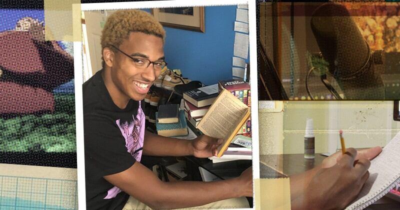 Josiah Jones is an English major from Bear, Delaware. He said he expects to graduate in May 2022. He is pictured in this collage of photos showing him writing and working.