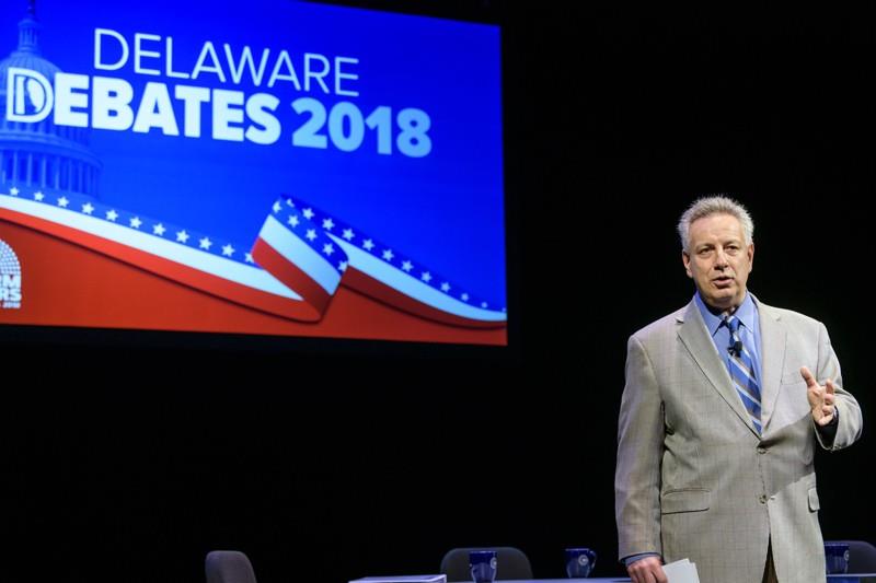The 2020 Delaware Debates will have a different look from those in previous years. This year, the events will instead be livestreamed without an in-person audience from a studio on campus, to comply with coronavirus (COVID-19) health and safety precautions. In this photo from 2018, University of Delaware President Dennis Assanis welcomed the candidates and the live audience to UDs Mitchell Hall.