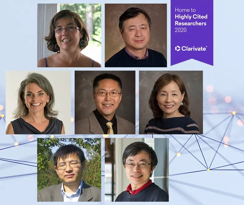 Seven professors from UD have been named to Clarivate’s 2020 Highly Cited Researchers list. Top from left: Cecilia Arighi and Hongzhan Huang; middle row: Wendy Smith, Bingqing Wei and Cathy Wu; bottom row: Xiang-Gen Xia and Yushan Yan.