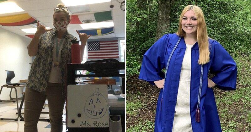Amanda Rose in her classroom and at graduation