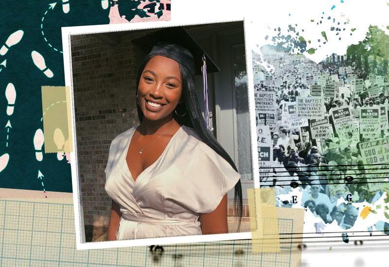 UD Associate in Arts undergraduate Alexis Edmonds, seen in a headshot here with a backdrop of artist renderings, is using poetry, song and dance to help middle and high school students express themselves and talk about what is going on in the world.