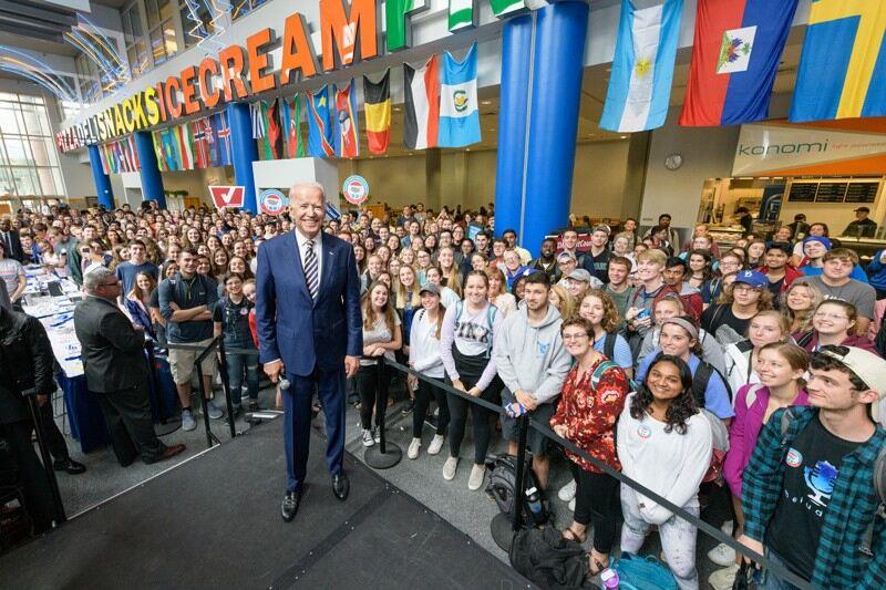 In 2018, Joe Biden, the UD alum, former vice president and six-term Delaware U.S. Senator, returned to campus at Trabant University Center to help UD students rally for National Voter Registration Day.
