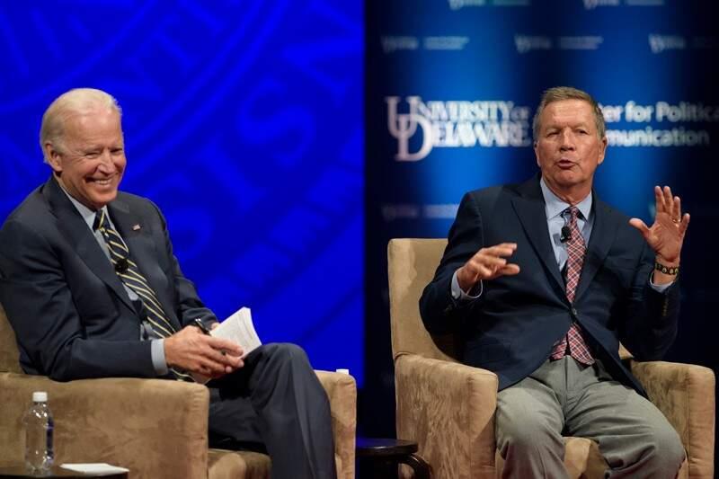 Democrat Joe Biden was able to win the presidency in part because he attracted the support of some Republicans. Former Ohio Gov. John Kasich (right), who said publicly in 2020 that he supported Biden, appeared with Biden on UD’s campus in 2017 for one session in the National Agenda Speaker Series.