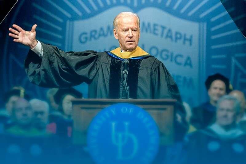 UD alumnus, former Vice President and now President-elect Joseph R. Biden, Jr., has spoken at four UD Commencement ceremonies and, in the photo above, spoke at the inauguration of UD President Dennis Assanis.