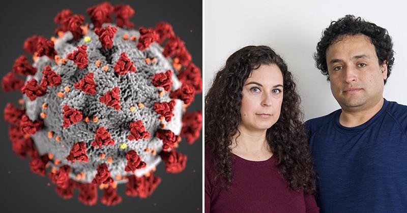 Image of the virus and 2 researchers