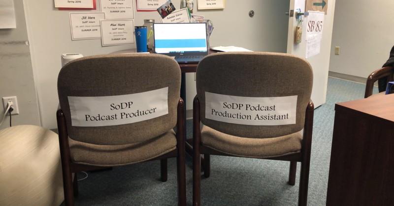 Chairs set up for podcast production