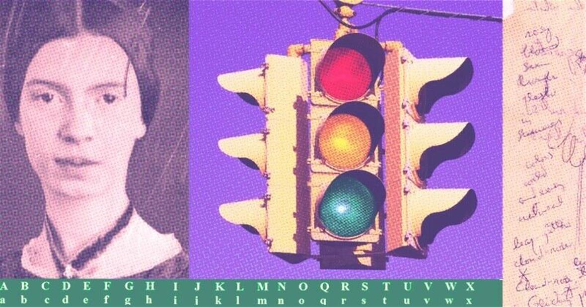 graphic with image of Emily Dickinson, a stoplight, handwritten text and the alphabet