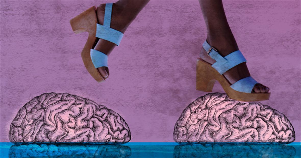Graphic of a woman's feet stepping on 2 brains