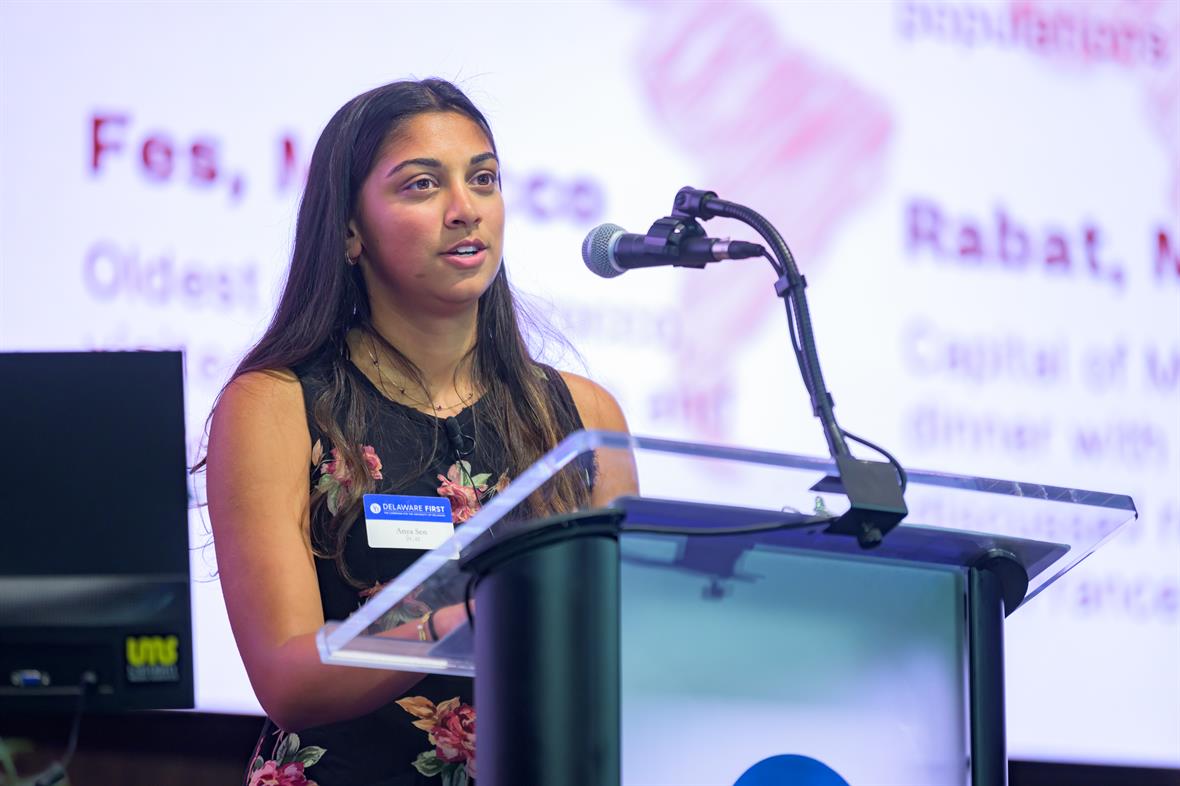 Anya Sen, who graduated from the University of Delaware in May 2023, spoke at UD's 2023 Plastino Scholars Dinner last May.