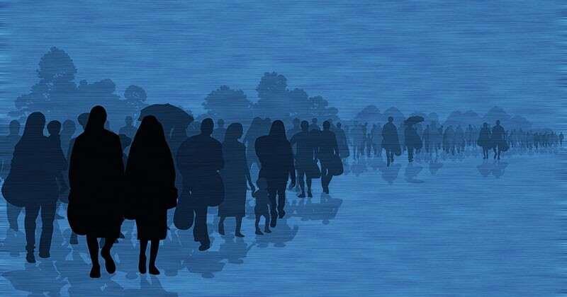 Illustration showing long line of people walking